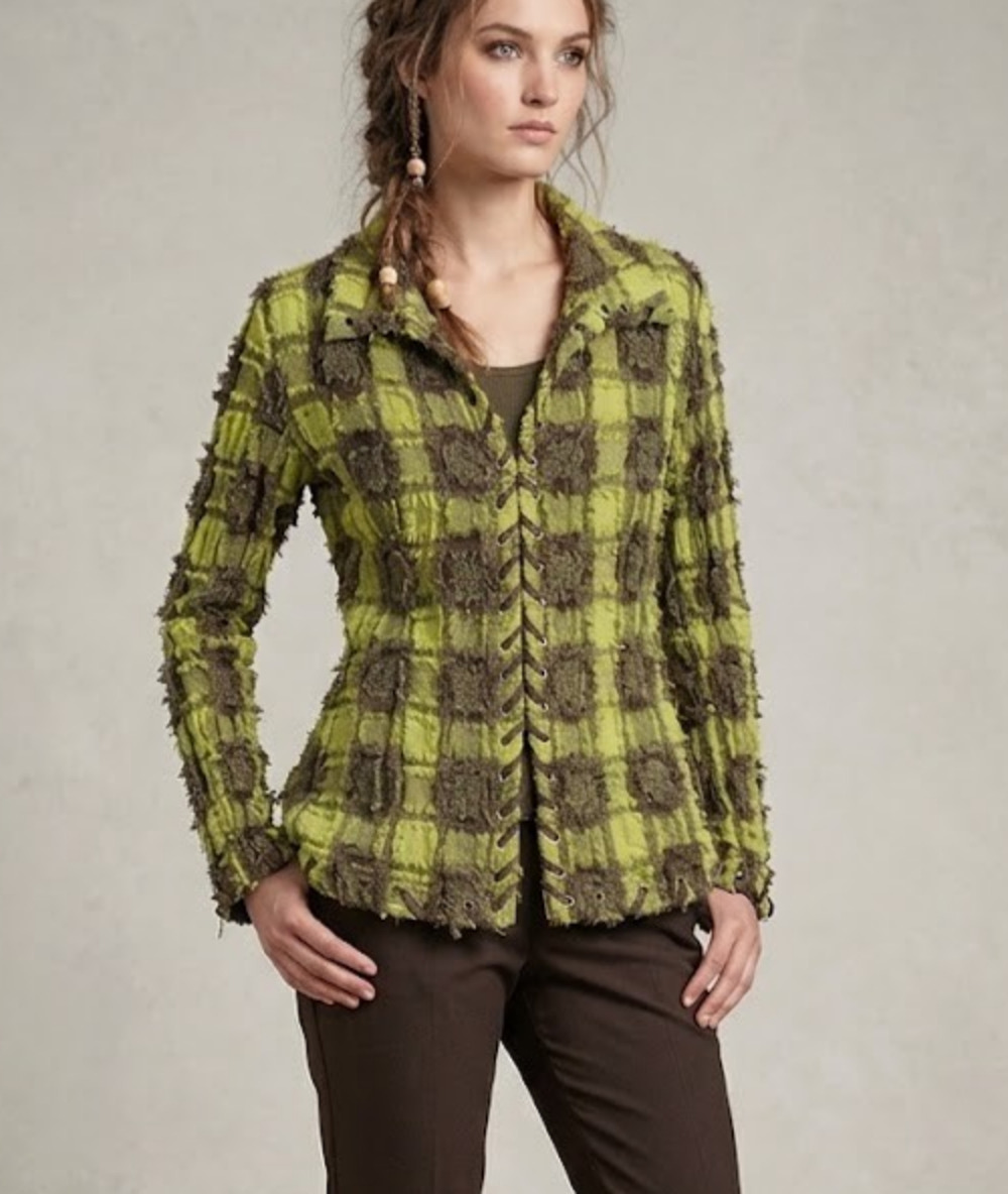 Flair Plaid Jacket Women XL Hook Eye Closure Frayed Raw Edge Green Brown Corset
